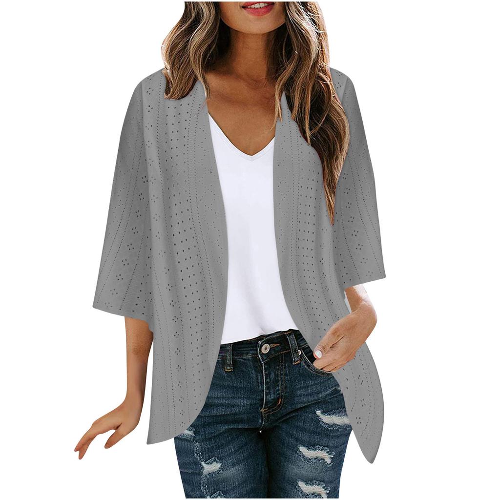 Veste Cardigan Décontractée Mode Femme à Manches Sept Partagées Couleur Unie