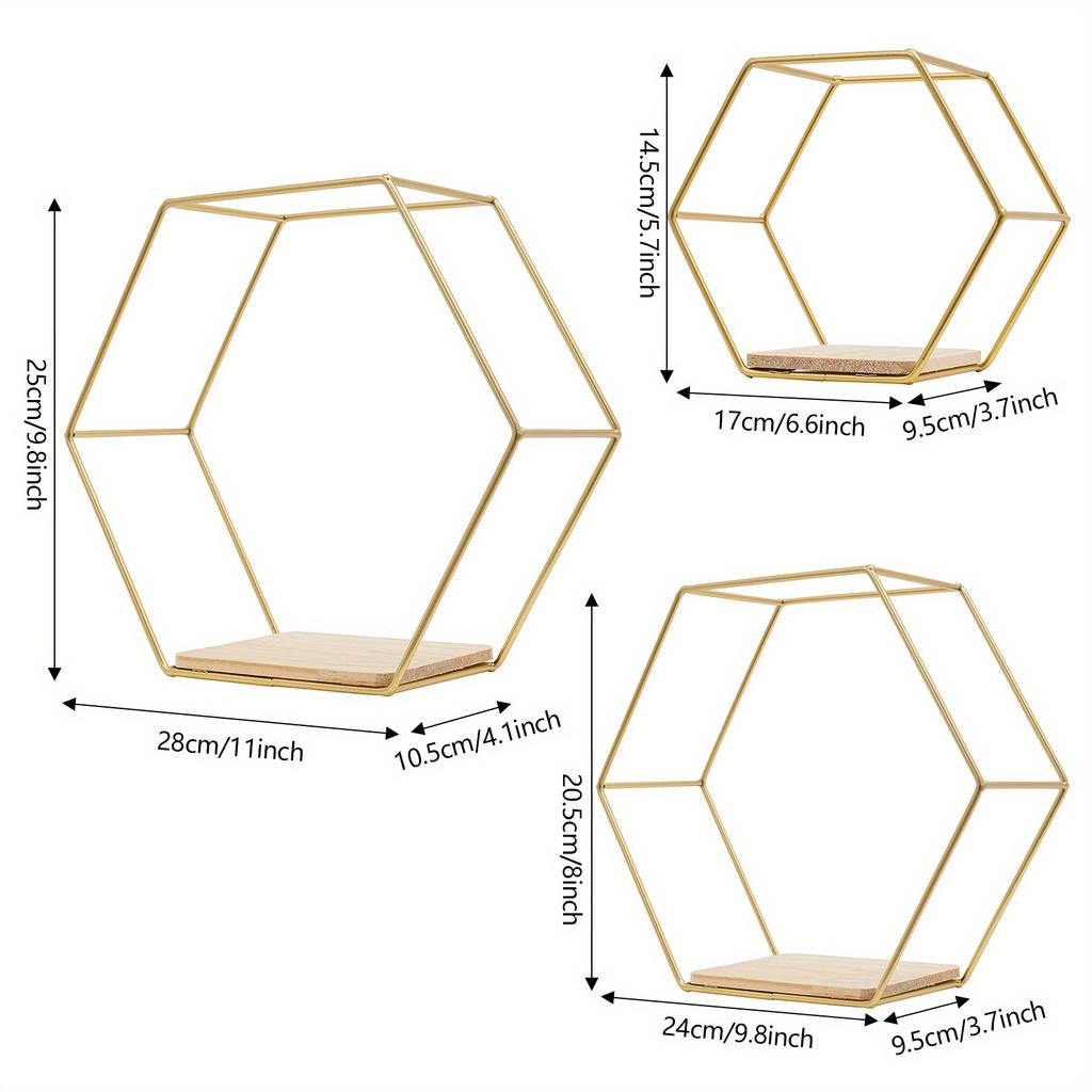 Hexagon Wall Shelf 3 Hanging Shelves, Loft Wall Shelf ShelvesIron & Wood Floating Shelves for Living Room, Bedroom, Kitchen