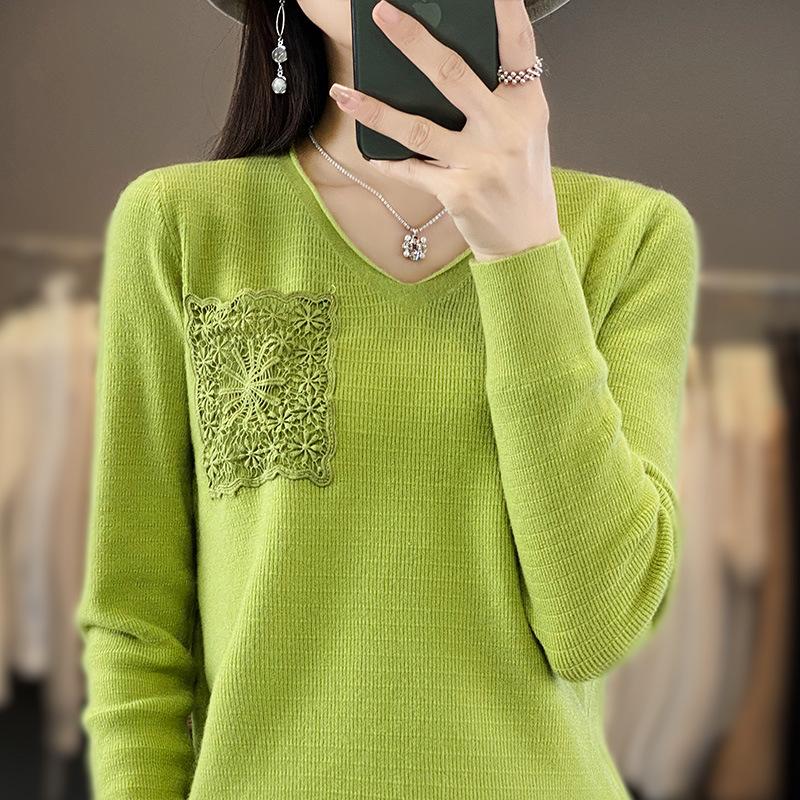 Autumn and winter new V-tie hook flower long-sleeved knitted sweater women's top fashion versatile bottoming shirt jacket