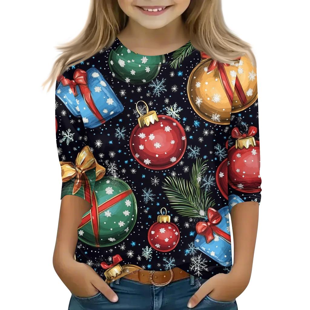 Christmas Day Print Tops For Youth Girls 5-16 Years Round Neck 3/4 Sleeves T-Shirts Trendy Tops Outfit Tees
