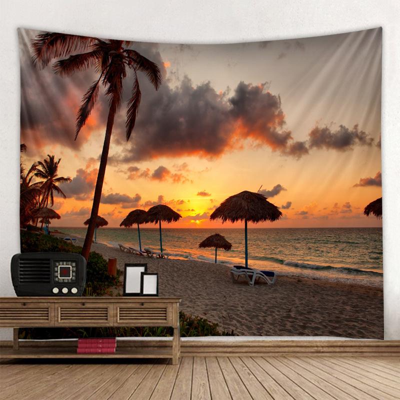 Wasserfall Abend Strand Kokospalme Naturlandschaft Wandbehang für Hauszimmer Dekoration Fenster Meerblick Wandteppich