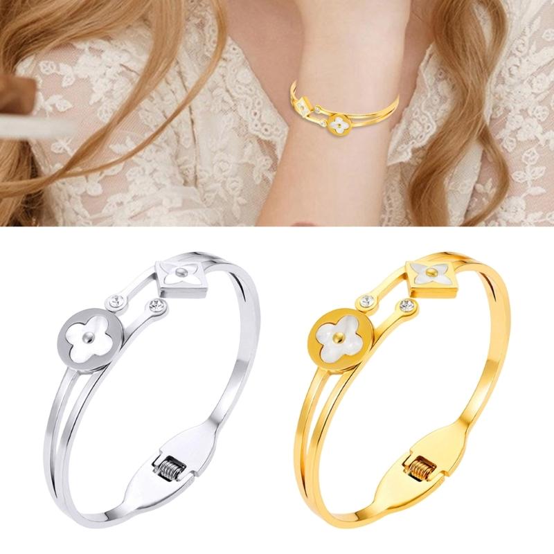 Elegant 4-Leaf Grass Design Ti Steel Bangle Wrist Bracelet For Women Men Secure Lock Lightweight Everyday Wear