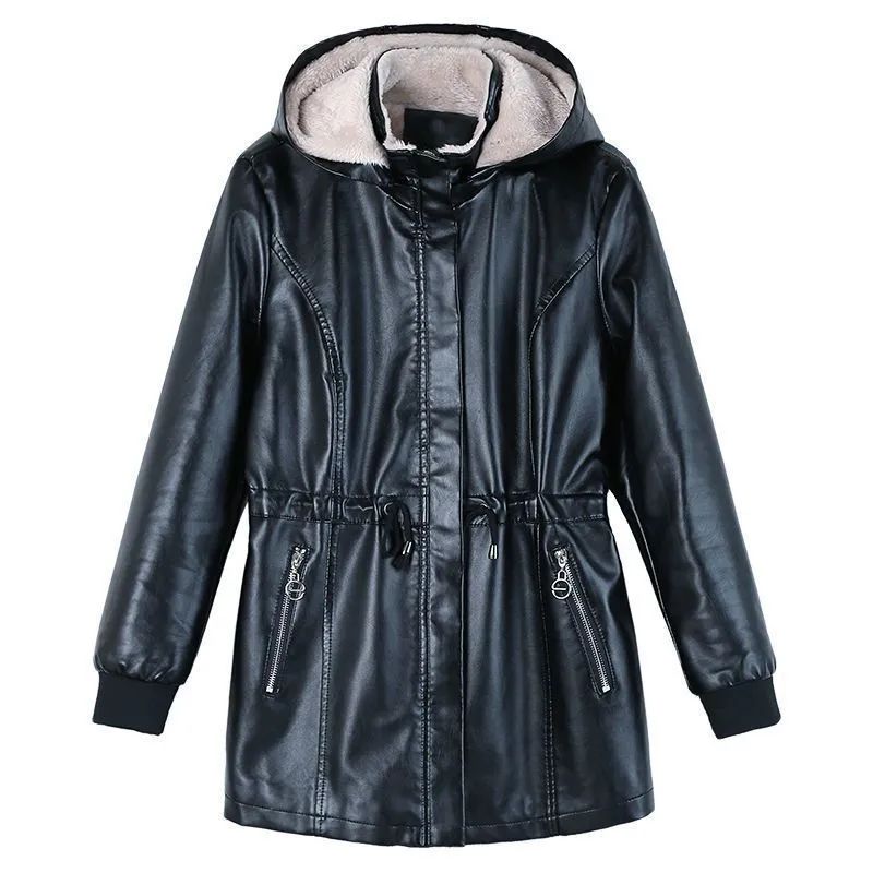 Women's Mid-Length Slim-Fit PU Leather Jacket with Fleece Lining for Fall/Winter