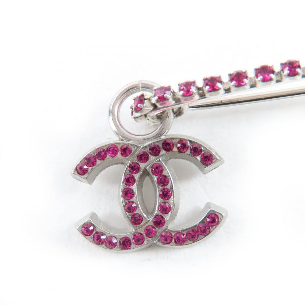 Great CHANEL Brooch COCO Mark Safety Pin Pink Silver Metal Women 02P Used