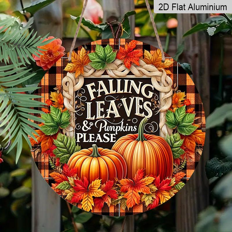 2D Flat, 1pc Round Aluminum Festive Fall Leaves & Pumpkins Wall Sign, Vintage Aluminium Decor for Home, Kitchen, Office, Garden, Garage, Christmas