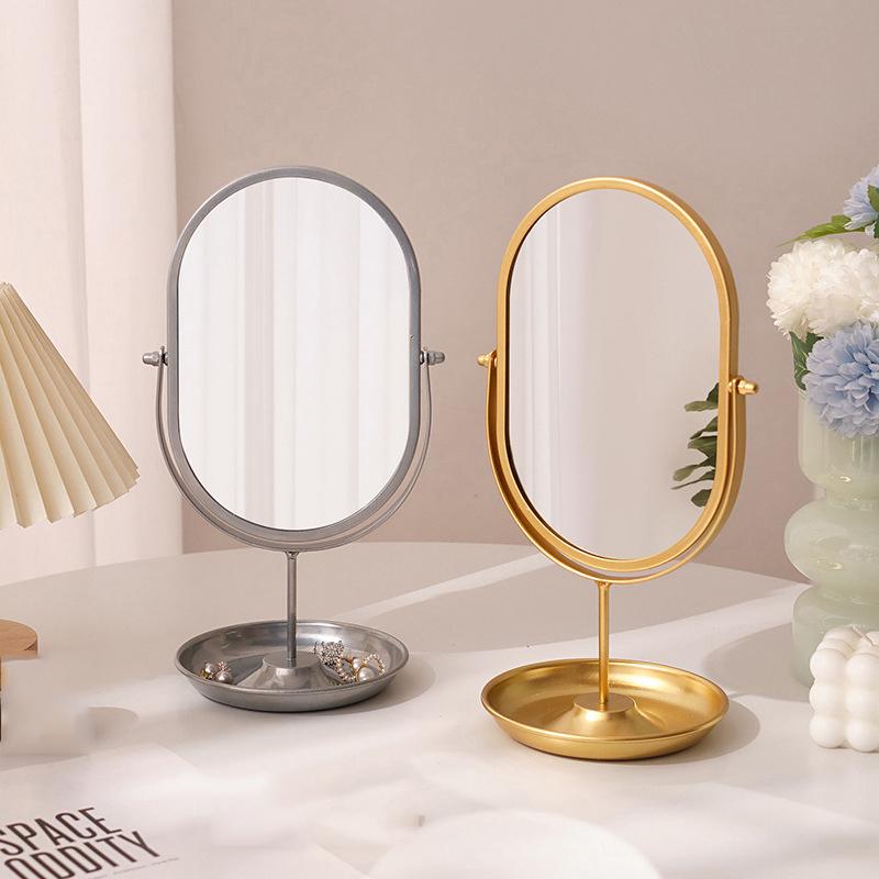 New Desktop Makeup Mirror Household Bedroom Vanity Mirror Iron Frame Oval Cosmetic Mirrors Two Style Flat Base and Storage Base