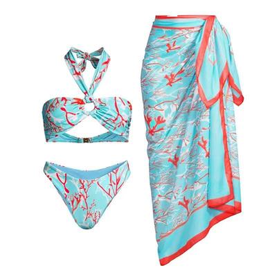 Bikini Sexy Imprimé Halter avec Jupe en Voile - Ensemble Maillot de Bain Trois Pièces - Européen Américain 2025