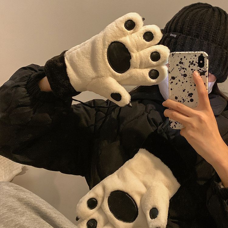 Student Padded Thickened Gloves Cold Winter Cycling Gloves Cartoon Cute Bear Paw Cat Claw Plush Gloves Women's Hanging Neck Large Size Gloves