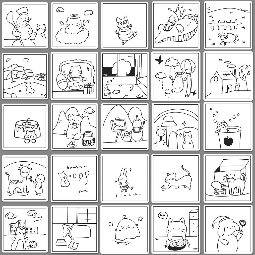 50 Black and White Line Drawing Doodle Cartoon Simple Gulka Hand Account DIY Water Cup Suitcase Sticker Waterproof