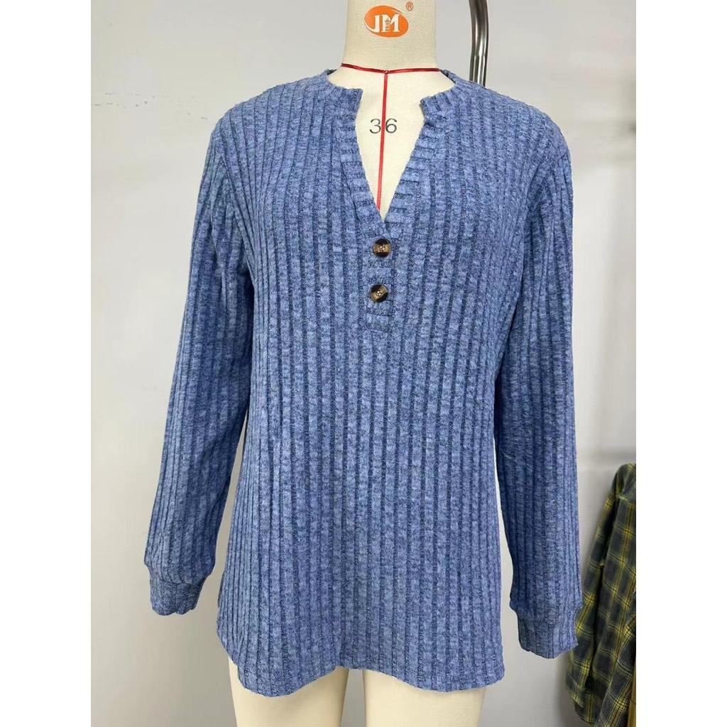 Loose Long Sleeve T-shirt Brushed Solid Color Women's Fall Winter New Leisure Ribbed Button
