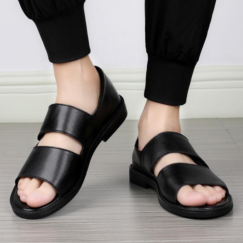 Men's Black Leather Breathable Outdoor Driving Sandals