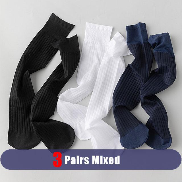 

3 пары мужских длинных шелковых носков, деловые, тонкие, нейлоновые, полосатые, дышащие, мягкие, эластичные, ниже колена, носки для торжественной одежды, мужские EU39-44