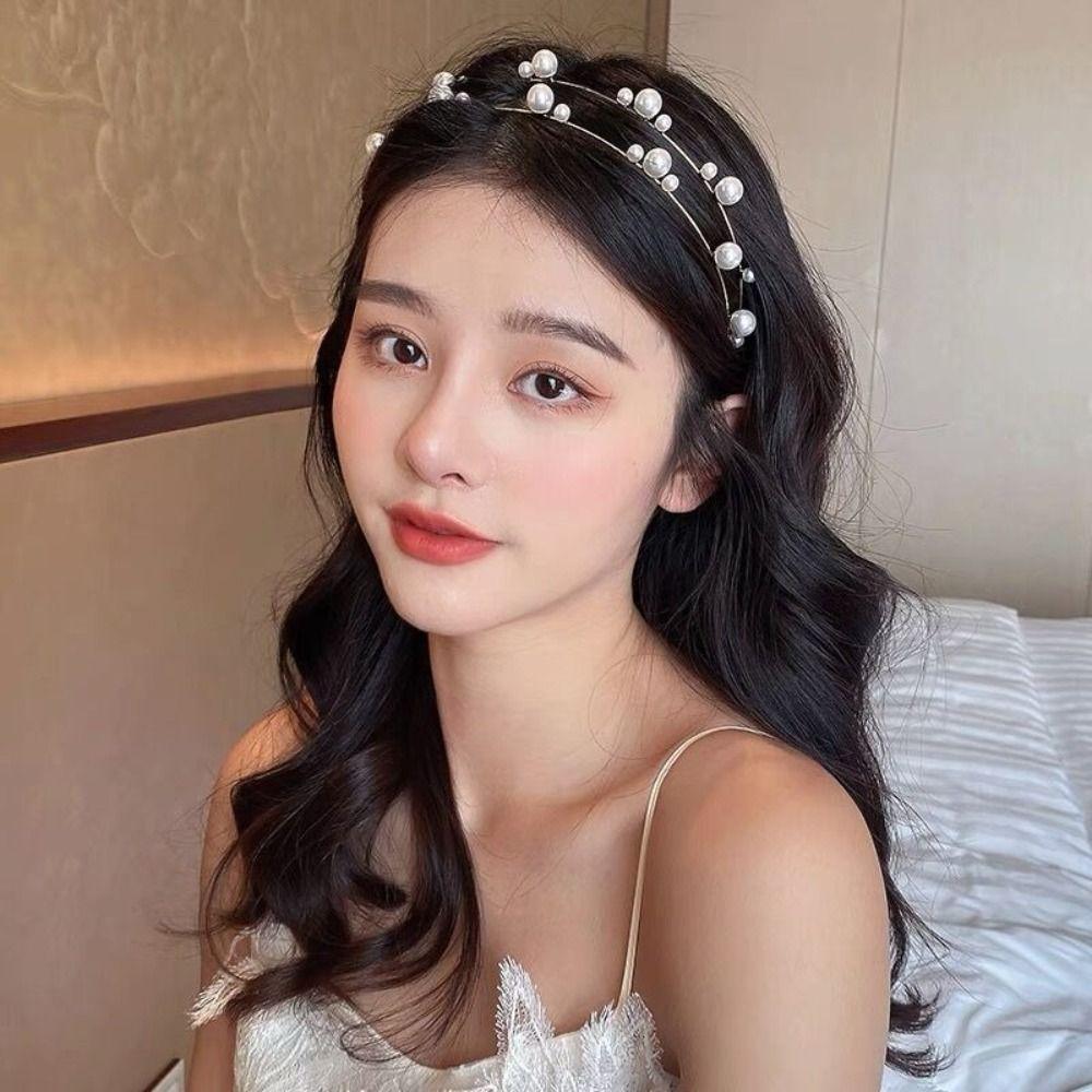 Natural Pearl Pearl Hair Band Double Layered Pearl Headband Versatile Bridal Hair Crown  For Girls