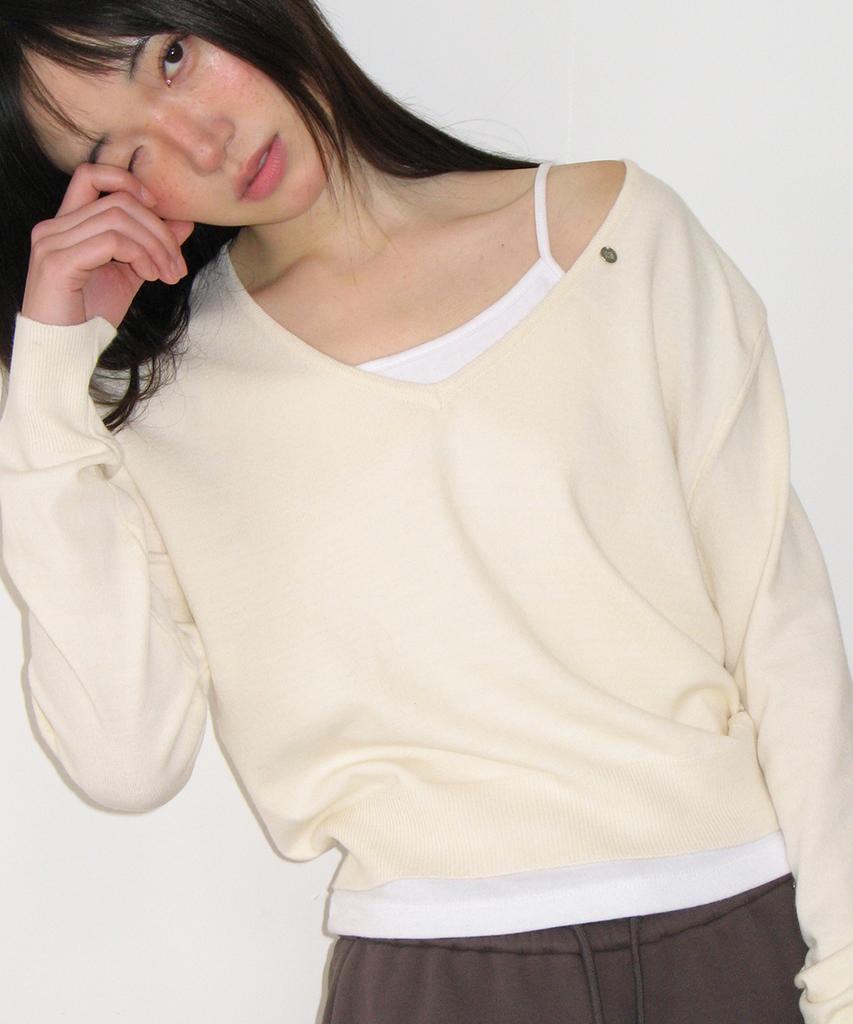 RONRON Basic Deep V Neck Compact Knit Ivory