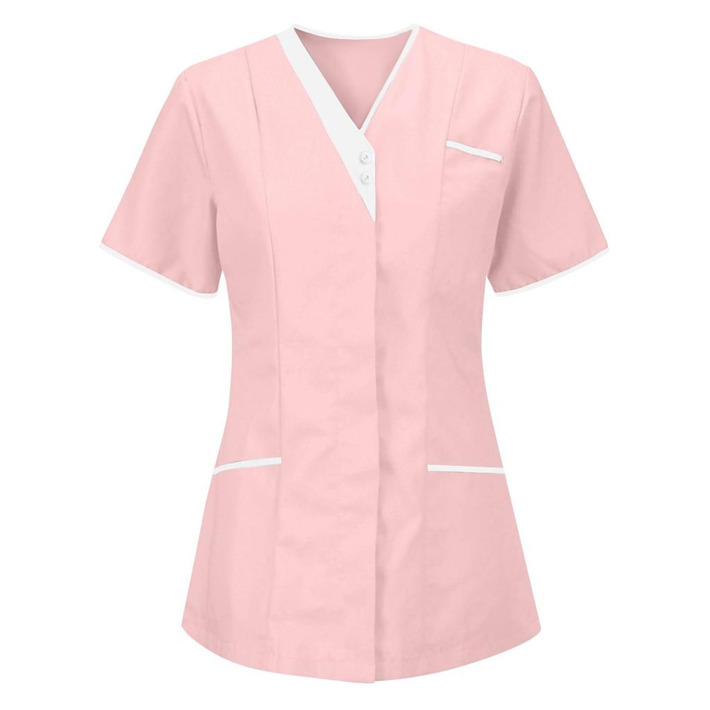 Tunic top da donna con scollo a V, maniche corte, bottoni sul davanti, tasche, finiture a contrasto, camicia uniforme da lavoro professionale