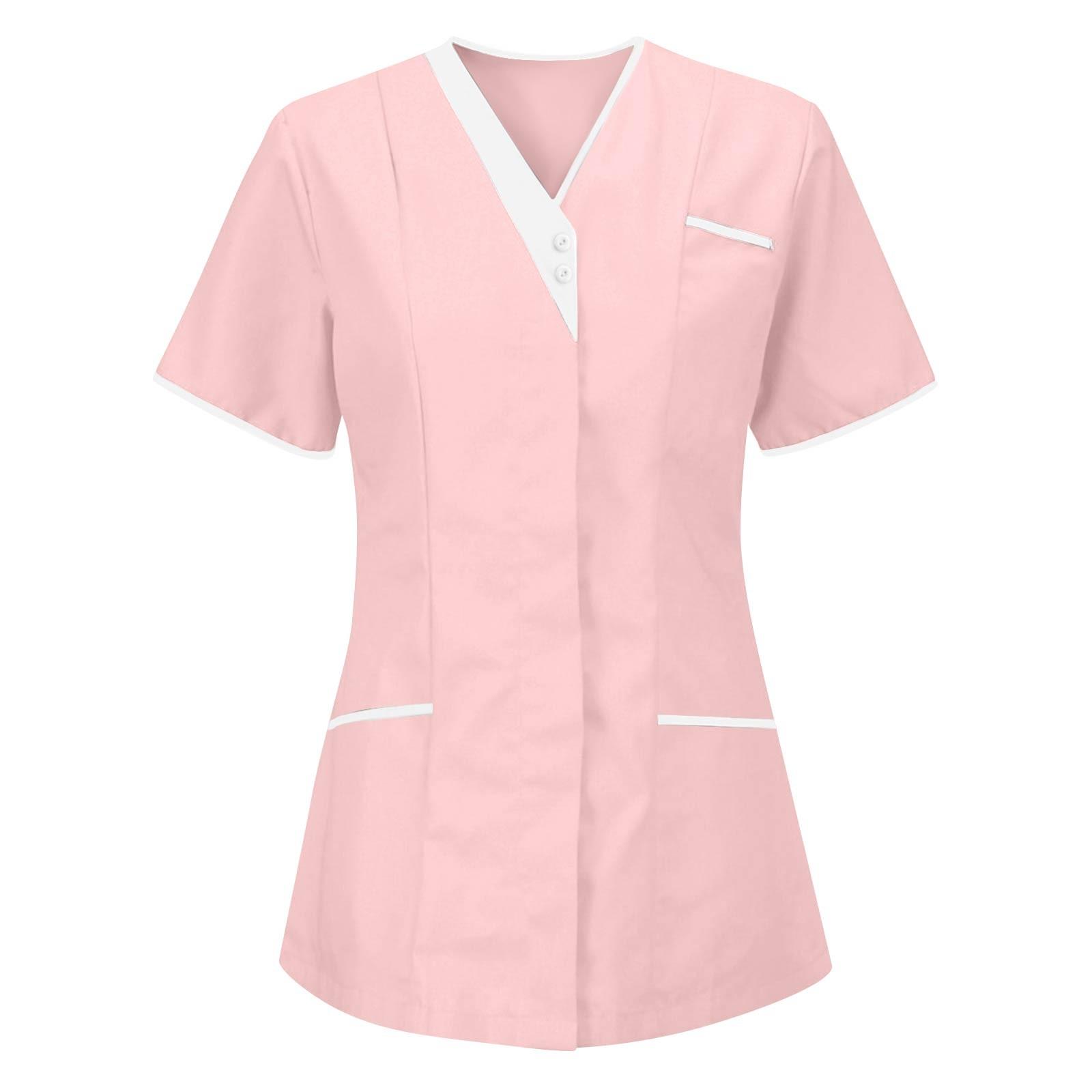 

Women s Fashion Solid Short Sleeve Pattern Tops Pocket Working T-shirts M рожевий