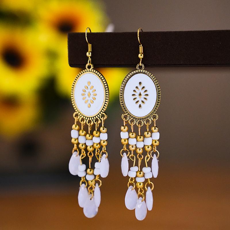 White Enamel Peacock Water Drop Feather Earrings for Women Ethnic Elegant Long Crystal Rhinestone Earring Boho Vintage Jewelry