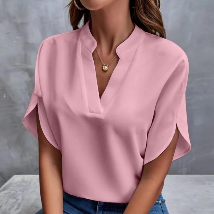 Casual Summer V Neck Pullover Shirt Short Sleeve Spring Summer Versatile Solid Color