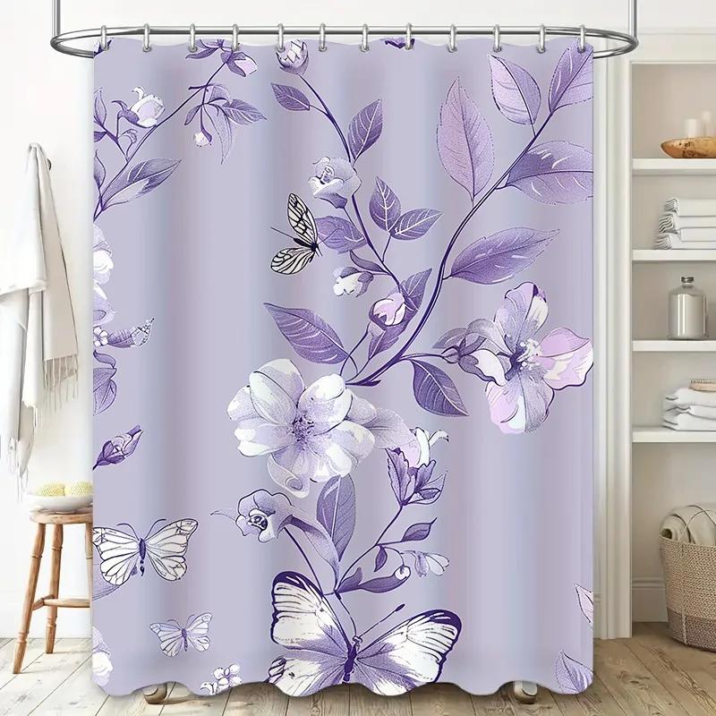 Vintage Purple Floral Shower Curtain Waterproof Durable Home Decor For Bathroom Beautiful Butterfly Print Perfect Gift Idea