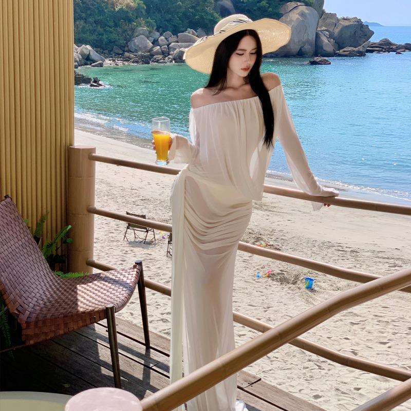 Sexy Vacation Streamer Pleats White One-shoulder Bandeau See-through Dress Fairy Dress