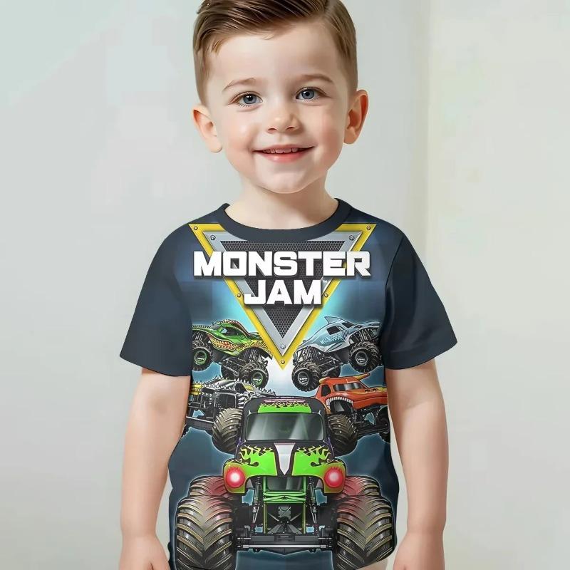 2026 Letnie Dziecięce Monster Jam Kreskówkowy Ciężarówka Nadruk 3D Okrągły Dekolt Krótki Rękaw Koszulki Outdoorowe Codzienne Topy Dla Chłopców Dziewcząt