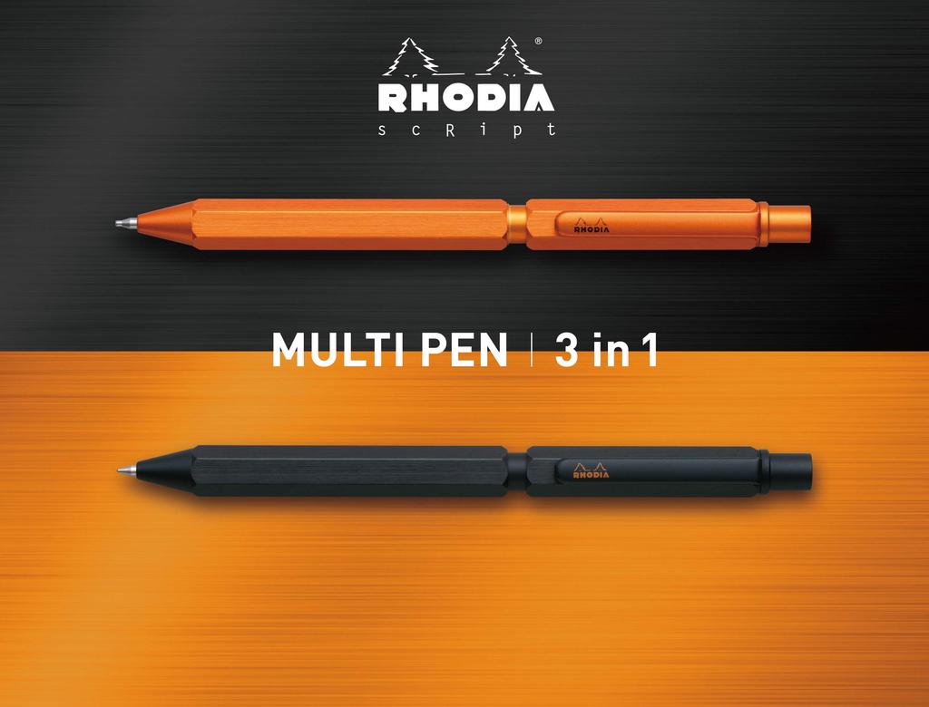 RHODIA Script Ballpoint Two Colors and and Mechanical Aluminum Body with Hairline Rotary Orange Multi-Pen, 0.5mm Oil-Based Pen, (Black Red), 0.5mm