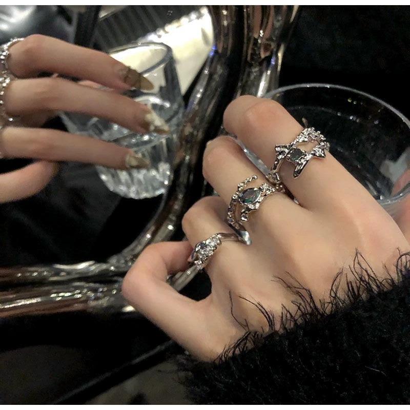 Women's Gradient Gem Three-Piece Ring Set - Elegant, Irregular Design