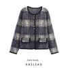 Kaslead New Women Clothes Western Style Graceful Round Neck Double Buckle Plaid Contrast Color Knitted Long Sleeve Outerwear