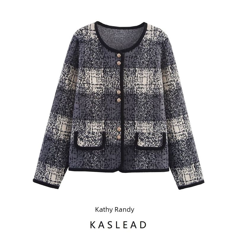 Kaslead New Women clothes Western Style Graceful round Neck Double Buckle Plaid Contrast Color Knitted Long sleeve Outerwear
