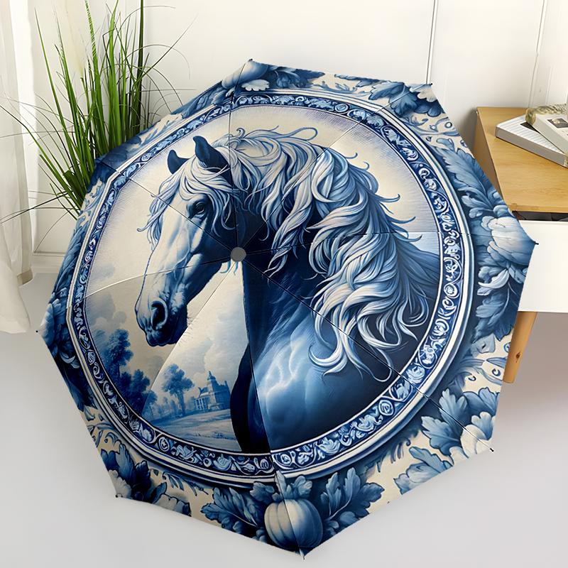 Horse Theme Design Folding Umbrella-Fashionable Auto-Open Design 8 Iron Ribs Plastic Handle Foldable Sunshade,Perfect Gifts