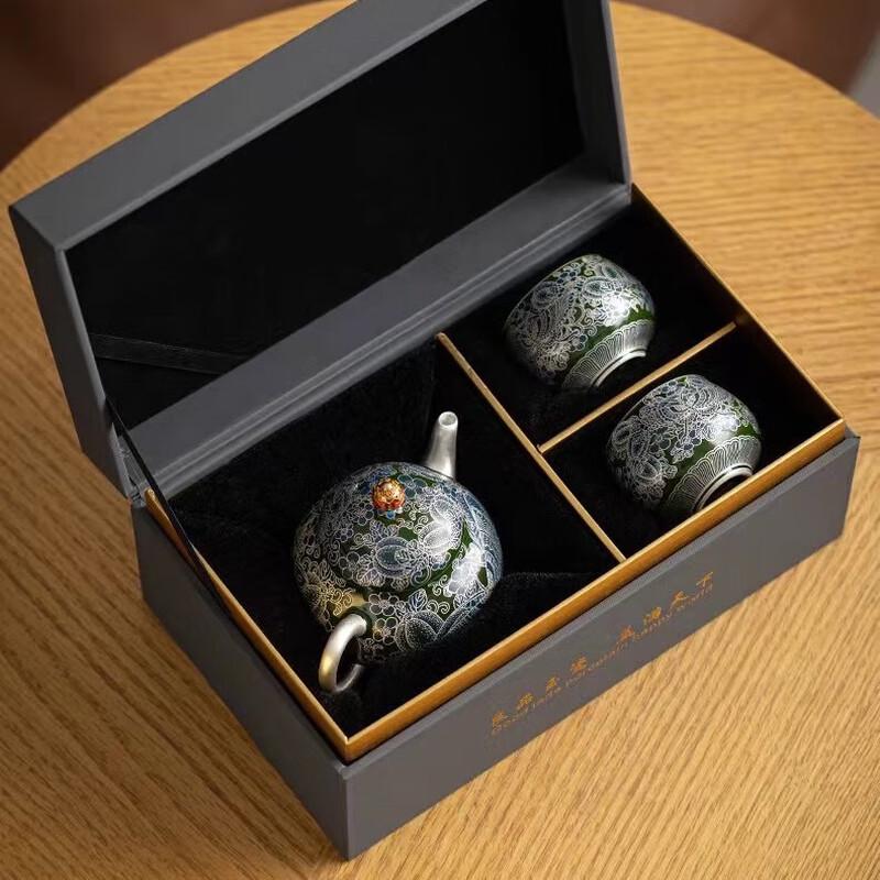 Chinese Cloisonné Butterfly Silver Pot Tea Set