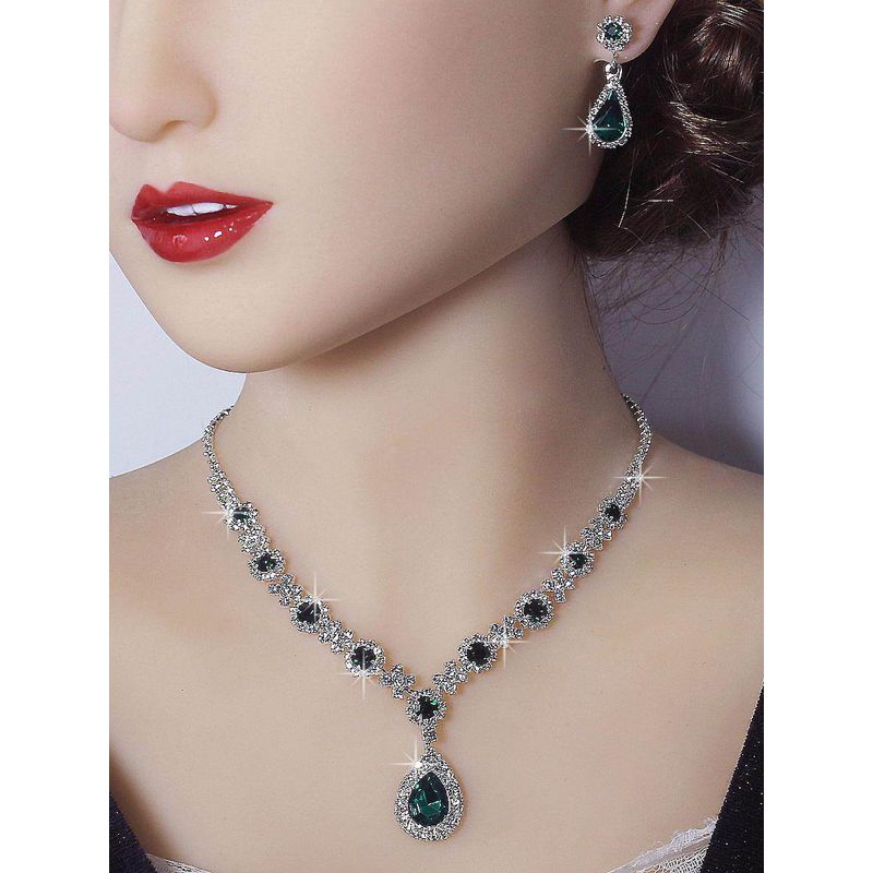 Bridal Jewelry Women's Suit Cross-Border Fashion Crystal Water Drop Necklace Two-Piece Earrings Set Wedding Evening Dress Accessories