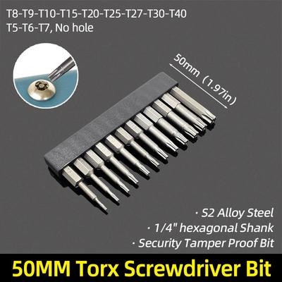 Końcówka wkrętaka Torx 50mm Magnetyczna Stal S2 Gniazdo sześciokątne 1/4'' Otwór w środku Bity zabezpieczające T5-T40 Wiertarko-wkrętarka Ręczne narzędzia