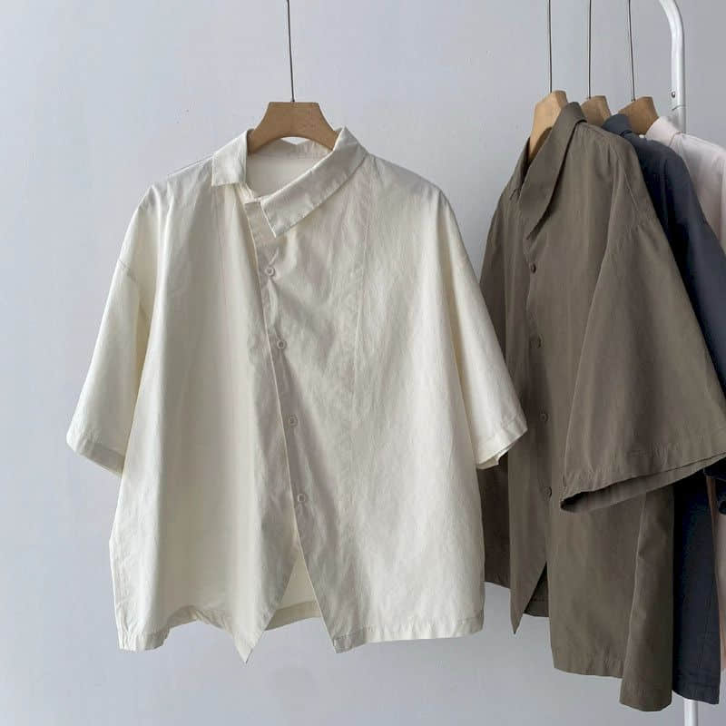 Shirts Women Vintage Short Sleeve Polo Neck Casual Summer Single Breasted Korean Style One Piece Blouse Women