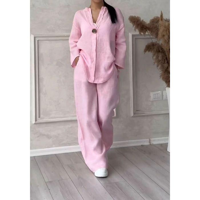 Women's Plus Size Cotton Linen Summer Shirt & Long Pants Two-Piece Set