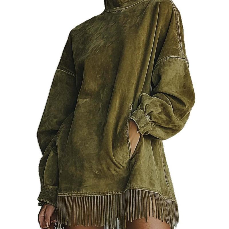 Women's High Neck Fringe Hem Mini Dress Long Sleeve Velvet Look Loose Autumn Winter Dress