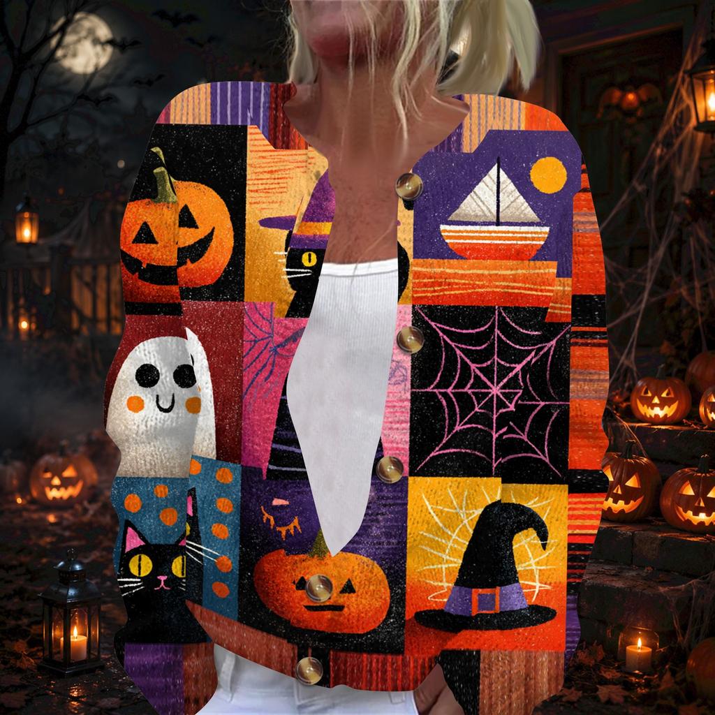 Women's Long Sleeve Knit Cardigan with Halloween Print Button Front for Fall Parties