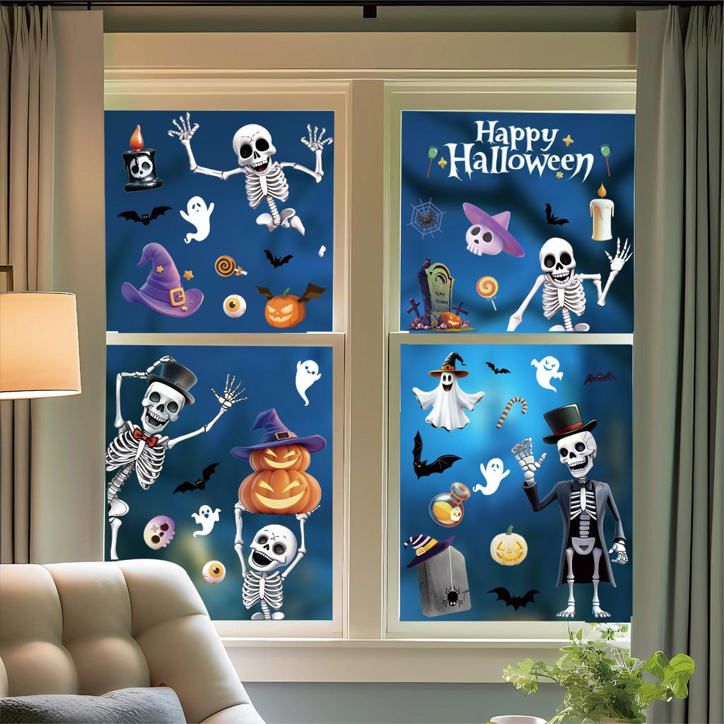Halloweenská statická okenní dekorace 3D Kostlivec Netopýr Dýně Samolepky na okna Party potřeby