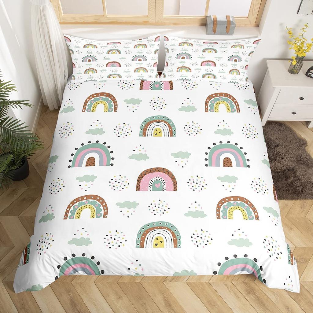 Rainbow Comforter Cover Watercolor Hand Drawn Duvet Cover Cartoon Raindrop Kawaii Bedding Set Girl Crown Love Hearts Quilt Cover