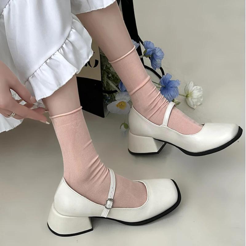 Women Square Toe Chunky Heel Shoes Women Autumn Silver Buckle Strap Mid Heels Mary Jane Shoes Ladies Dress Office Shallow Shoes
