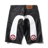 RogueWave Pantaloncini Denim Uomo Neri Hiphop Jeans Pantaloni Fiori di Ciliegio Totem Drago Lavati Cerniera pantaloncini