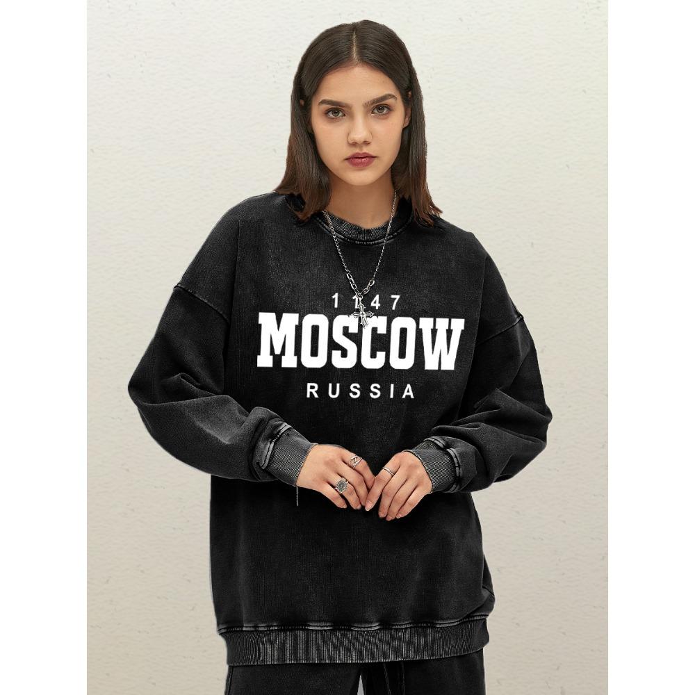 Moscow Russia Art Letter 1147 Print Women Washed Sweatshirts Soft Oversize Pullover Autumn Cotton Sportswear Crewneck