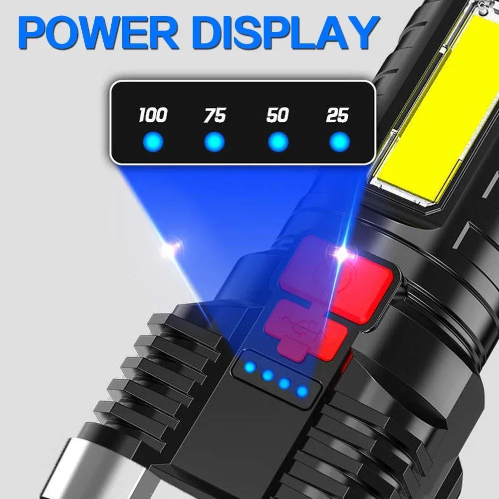 USB Rechargeable LED Flashlight Camping Lantern Spotlight COB Side Light Battery Display Adventure Outdoor Fishing Torch lamp