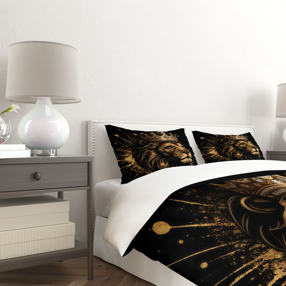 Golden Crown Lion Print Duvet Cover Set Comforter Cover Bedding Set No Filler Luxury Men Bedroom Decor Bedding Kit