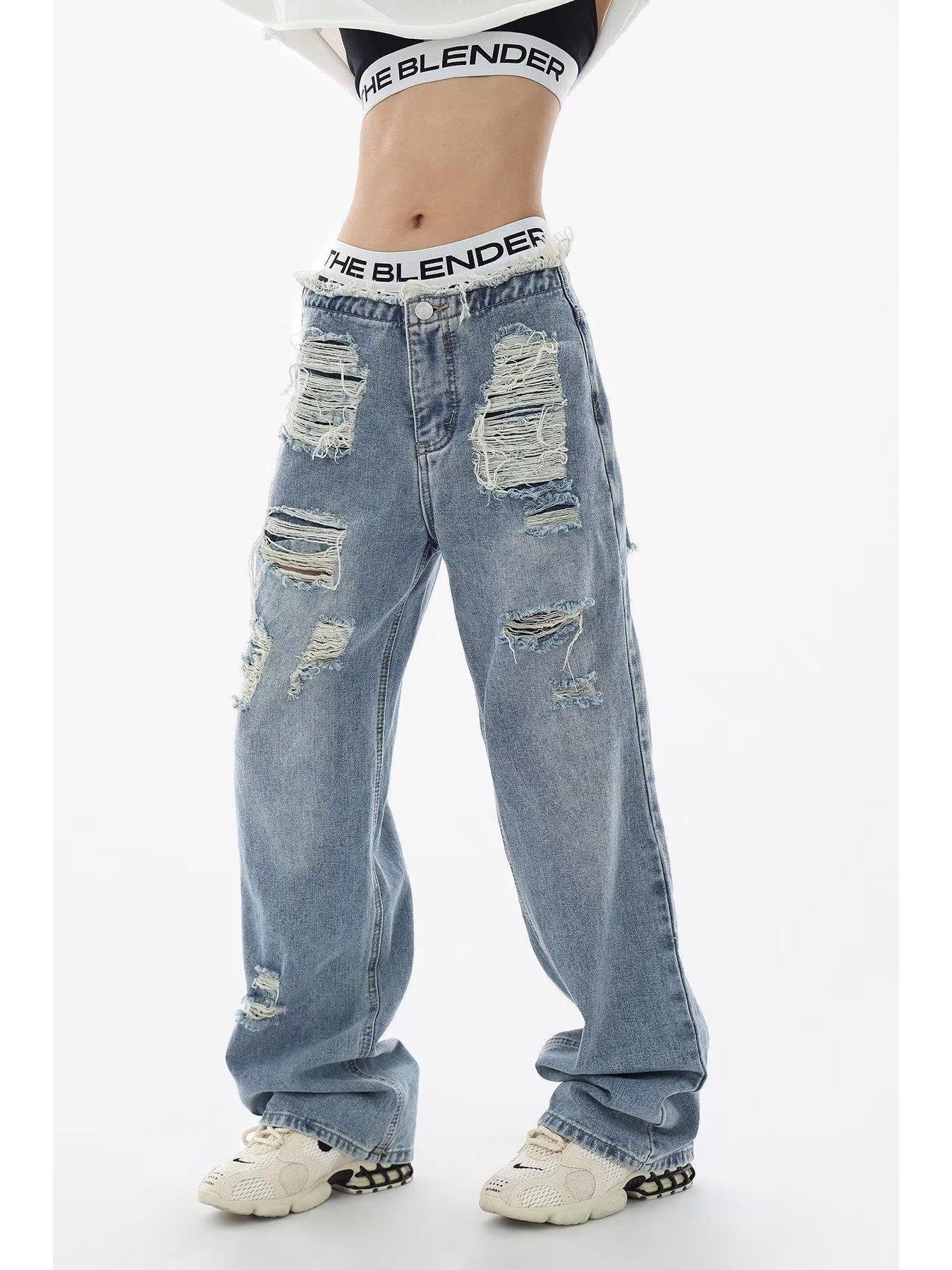 Spring/Summer 2024 Women s High-Waisted Ripped Jeans - Trendy Slimming Straight Leg Wide Leg Pants Medium