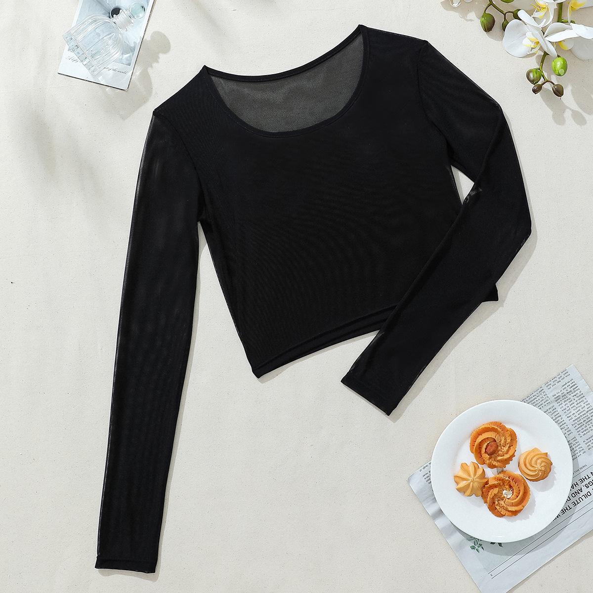 Black Women Lace Sheer Tops Soft Summer See Through Shirts Sexy Sheer Mesh Long Sleeve Crop Top Loose FIt Party Clubwear Shirt Trendy Going Out Blouse S чёрный