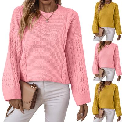 Women's Fashion Casual Round Neck  Twists Knitwear Solid Color Pullover Long Sleeve Loose Sweater