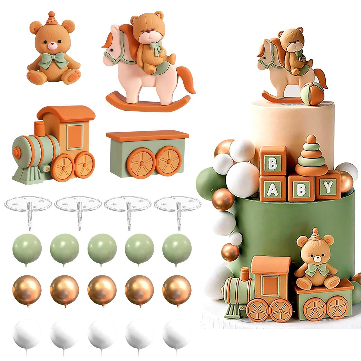 

Sage Green Bear Cake Decoration Natural Baby Shower Cake Topper with Bears Train Cake Decoration for Baby Shower Birthday