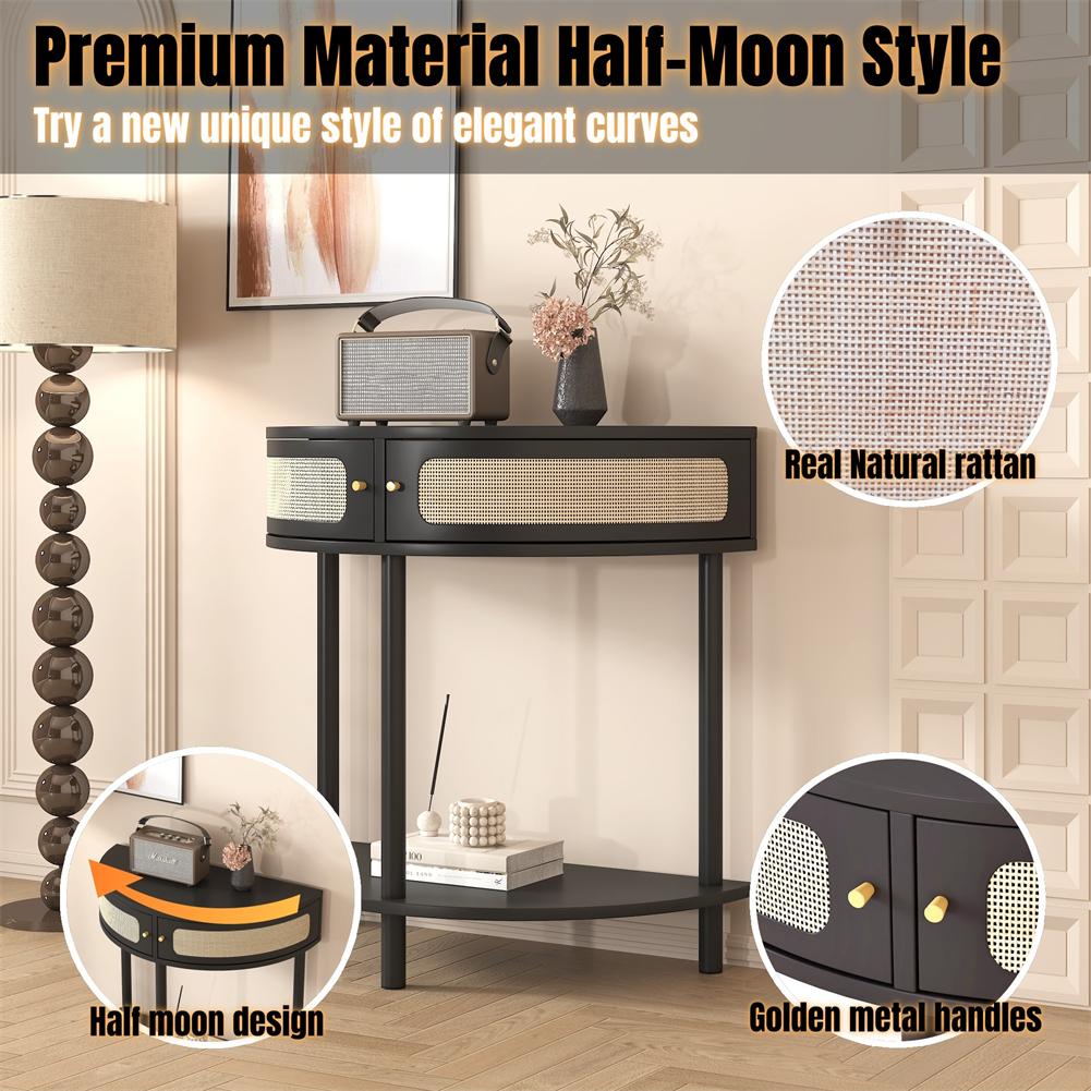 US Half-Moon Rattan Console Table Wood Accent Tables With 2 Rattan Storage Drawers And Bottom Shelf For Living Room Hallway