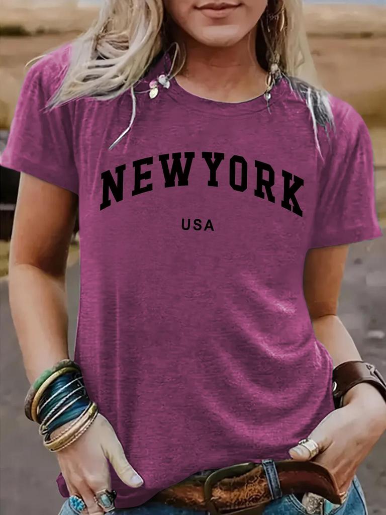 Women's Short-Sleeve Round Neck T-Shirt with NEW YORK Print - Stylish Summer Casual Wear